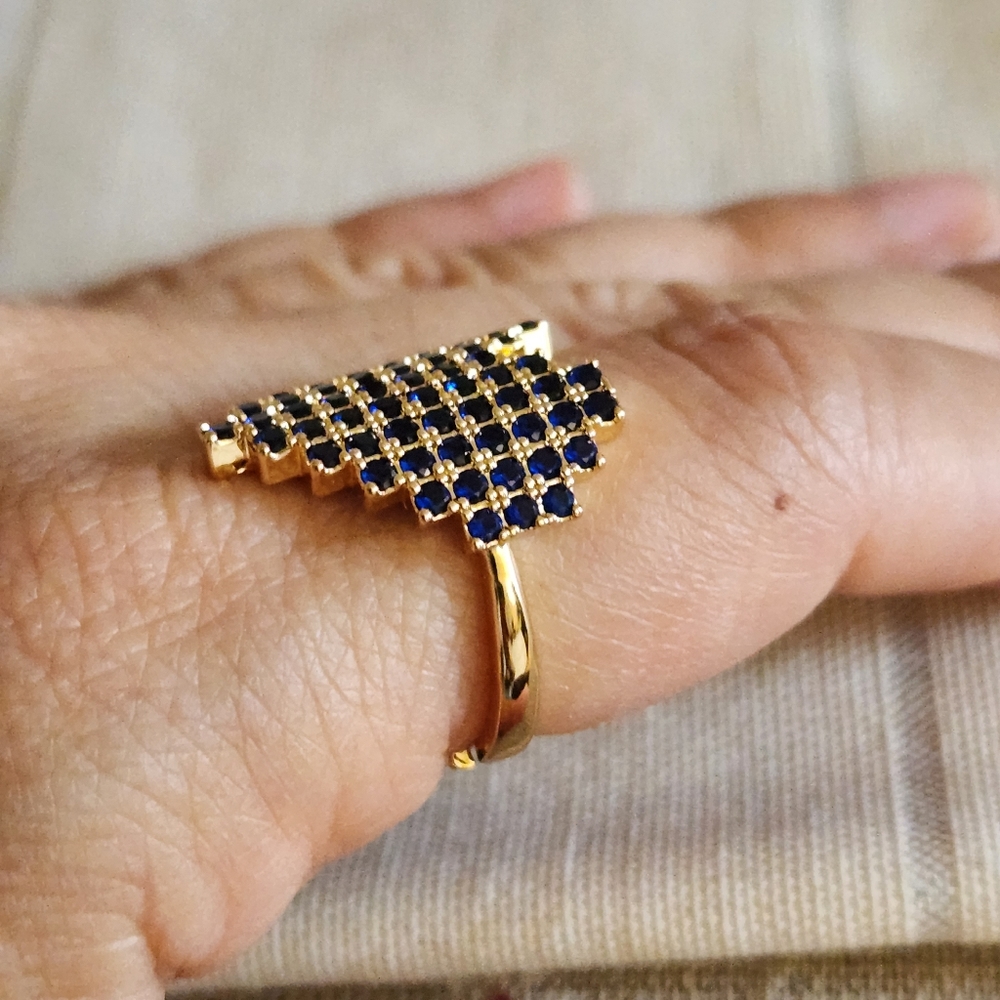 New 18K Gold Plated Blue Sapphire Pixel Heart Adjustable Ring for Women - Picture 5 of 11